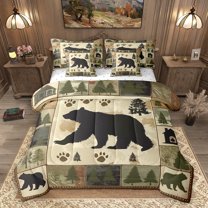 Homewish Woodland Animal Bear 7 Pieces Bedding Comforter Set,Rustic Farmhouse Cabin Full Bedding Set,Green Beige Fitted Sheet Flat Sheet For Men Women,Super Cozy Room Decor Reversible