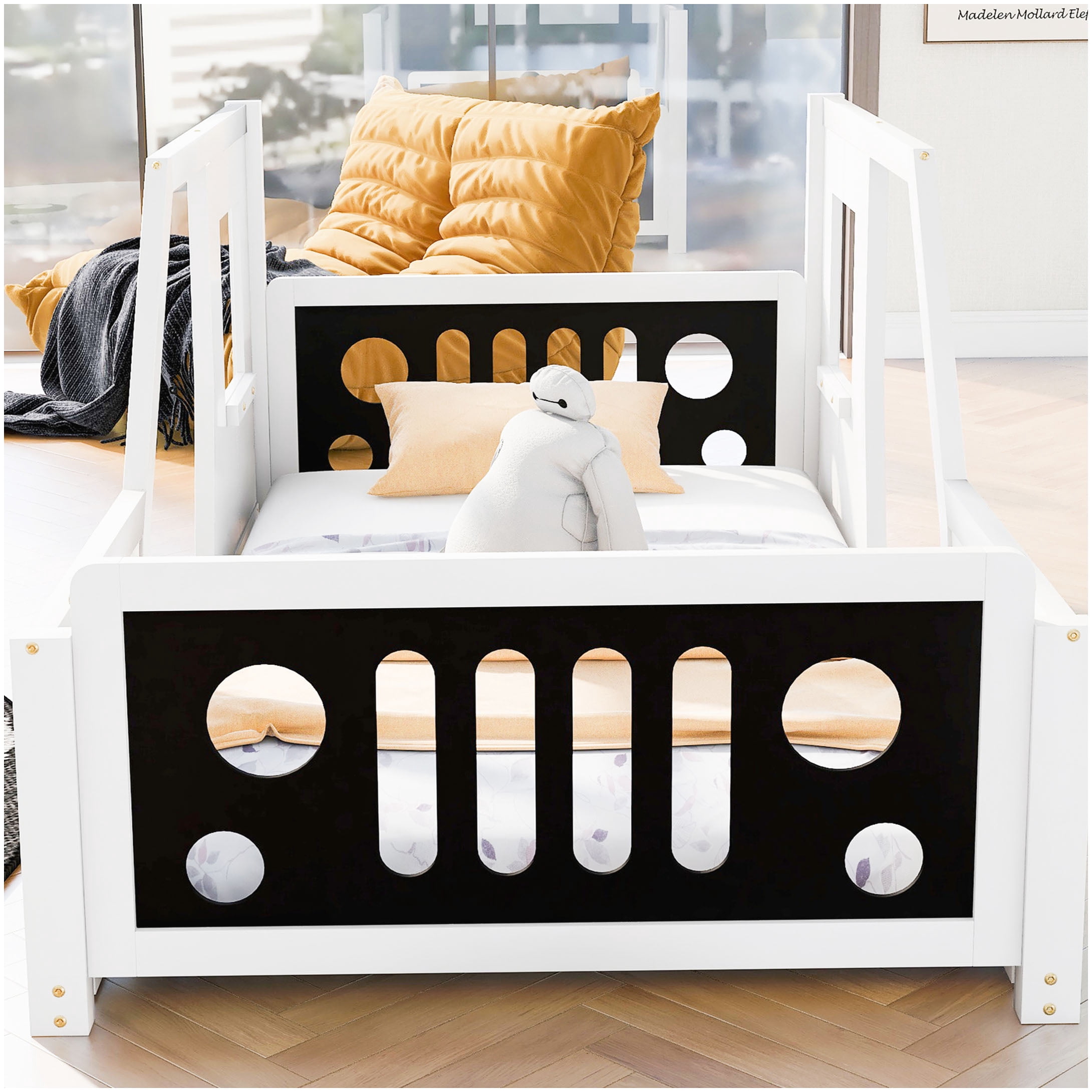 No Box Spring Race Car Bed Frame Twin Size, White Wood Platform with Decorative Wheels