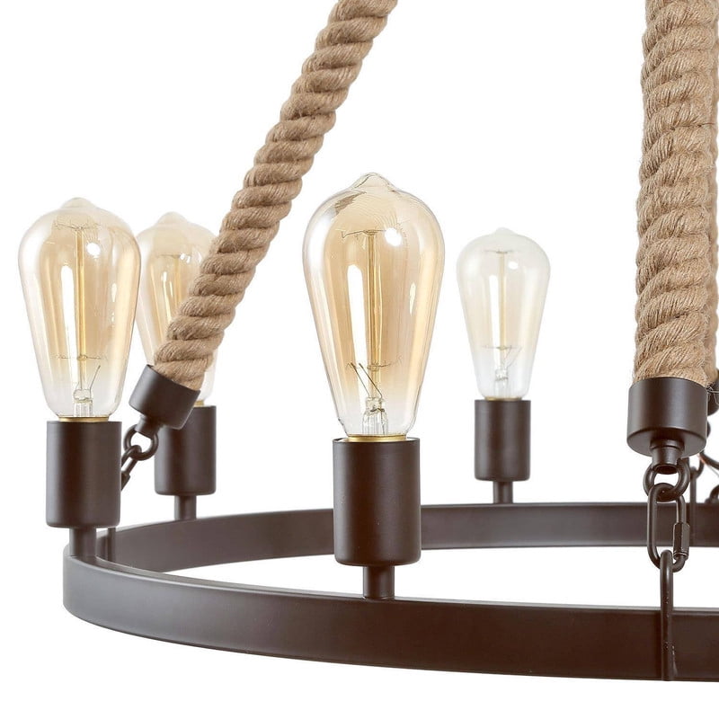 LNC 8-Light Farmhouse Round Chandelier with Rope and Dark Coffee Metal Frame