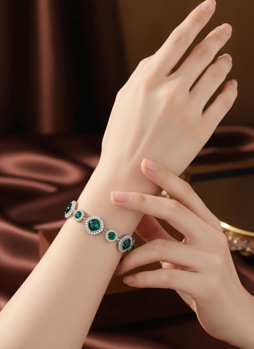 Green Gem Bracelet for Women White Gold Cushion Cut Crystal Bracelet Elegant Sparkling Jewelry for Christmas Valentine’s Day Gifts for Wife Xmas Jewelry Gifts for Women Mom Stocking Stuffers