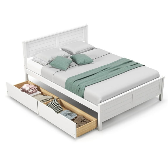 Infans Full Wooden Platform Bed Frame with Two Storage Drawers Slats Support White