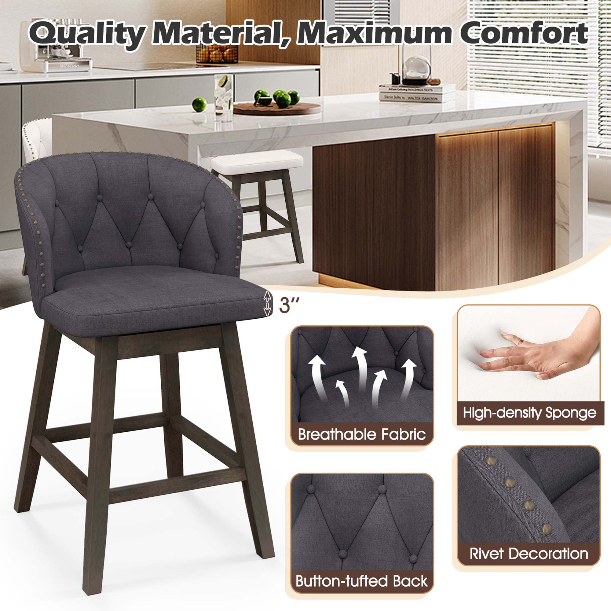Costway 4 PCS Counter Height Bar Stools Fabric Upholstered Island Stools with 360° Swivel Seat Gray