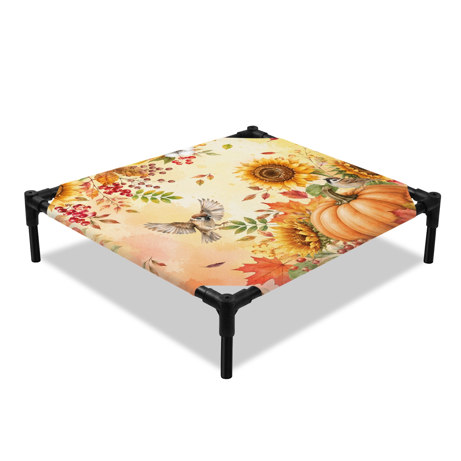 Thanksgiving Elevated Dog Bed Fall Sparrow Orange Pumpkin Sunflowers Red Berry Cooling Breathable Outdoor Raised Dog Cot Bed with Metal Frame Non-Slip Feet for Small Dog 20x20in