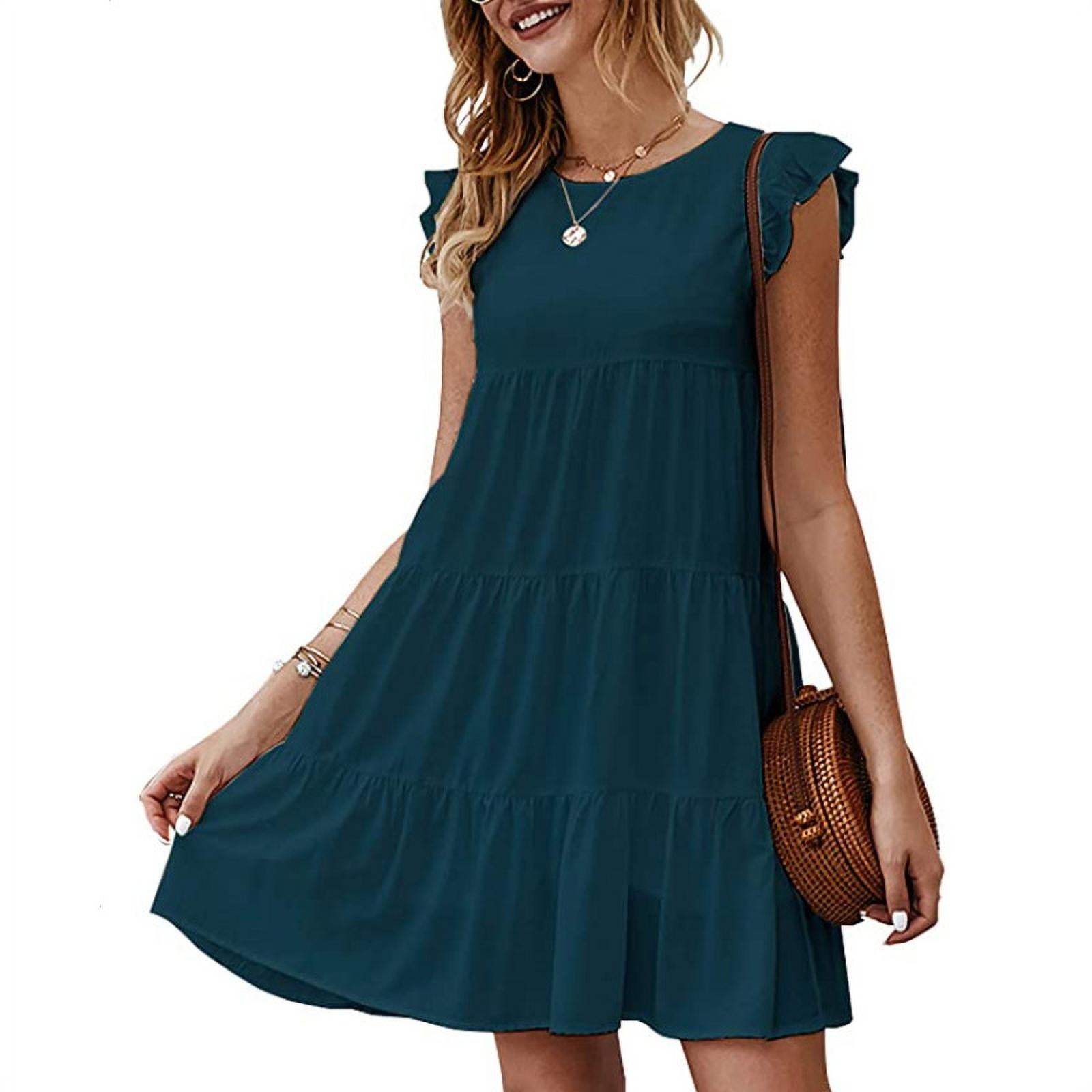 Womens Loose Mini Dress Summer Casual Button Front Solid Color V Neck Short Sleeve High Waist Short Swing Dresses 