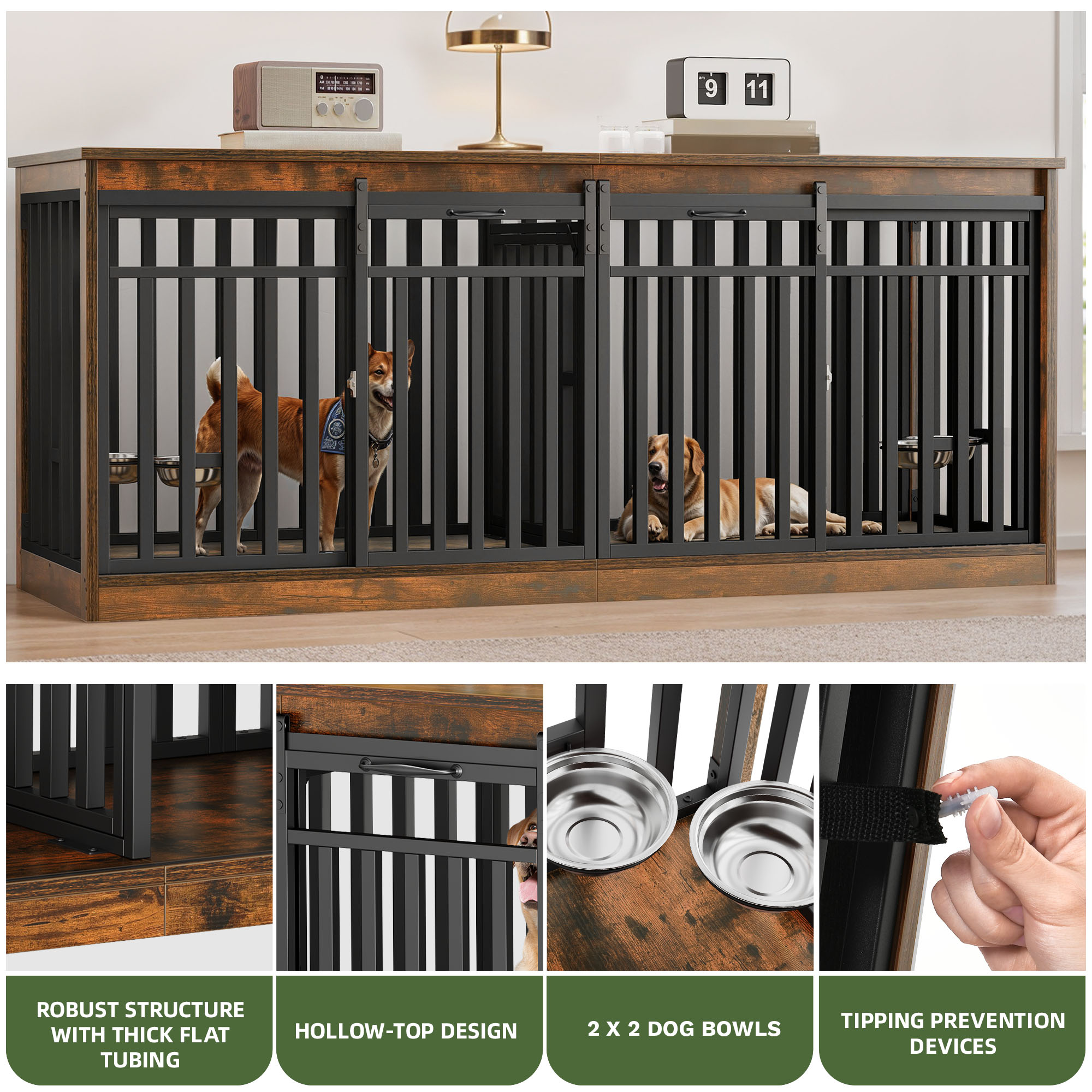 Uforic 71 in Large Double Dog Crate Furniture with 4 Dog Bowl, Wooden Indoor Dog Kennel Cage TV Stand for 2 Dogs Indoor - Rustic Brown