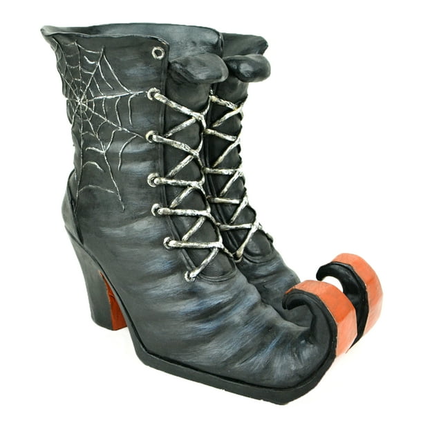 10" Black and Silver Witch Boots with Spider s Halloween Decoration