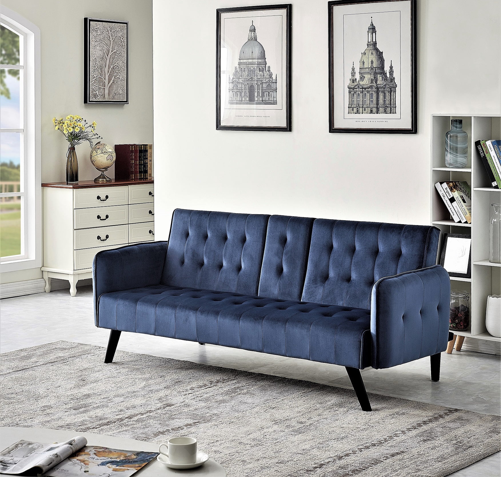 Uspridefurniture Beniamino 78'' Velvet Square Arm Sleeper, Blue