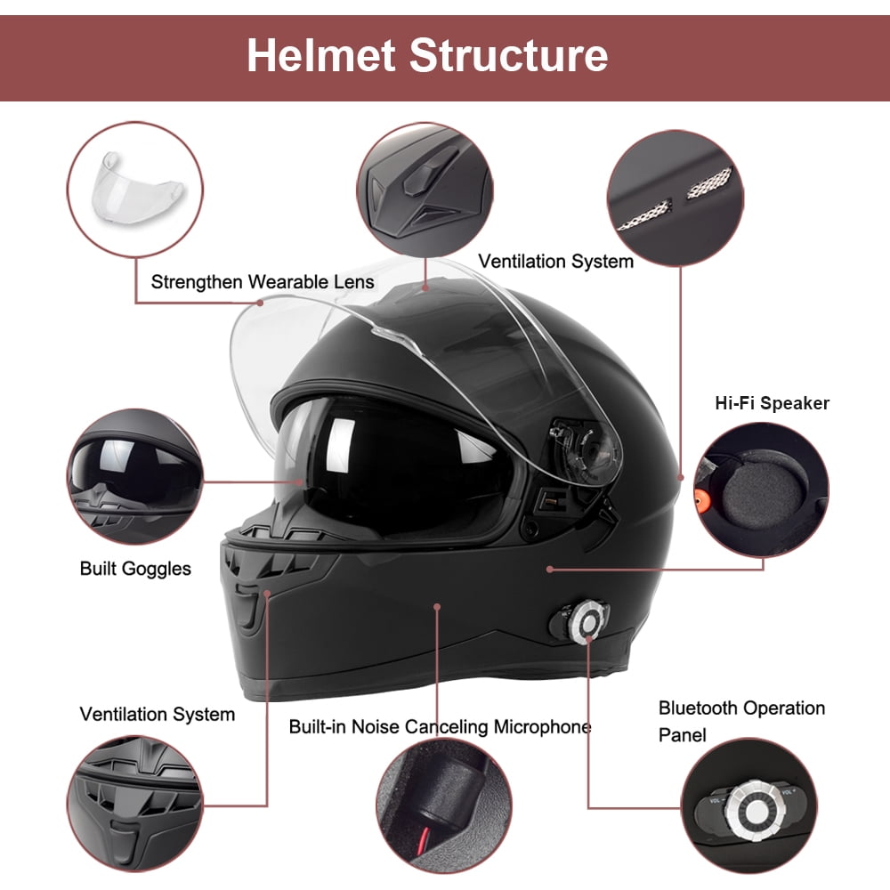 Martian Motorcycle Bluetooth Helmet Full Face Dual Visor Bluetooth Headset: HM_BFULLFACE Matt Black + Premium Leather Gloves
