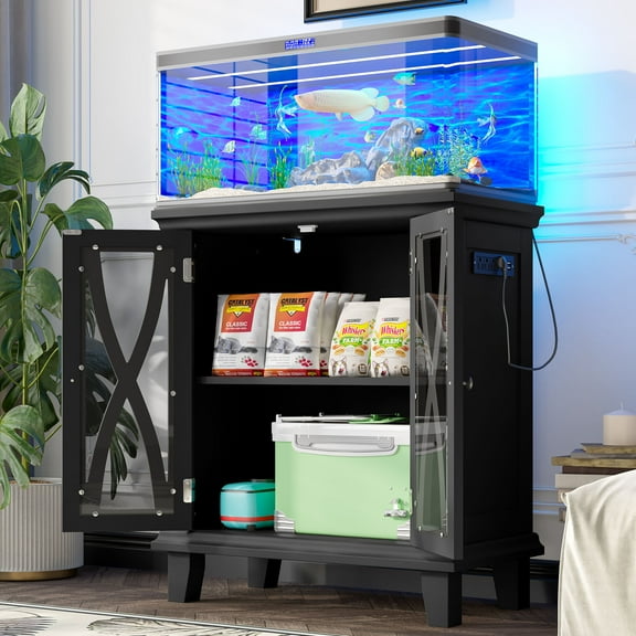 CQSXDA Durable 20 Gallon Aquarium Stand With Cabinet Storage, Black Finish And Power Outlets For Reptile Turtle Tanks