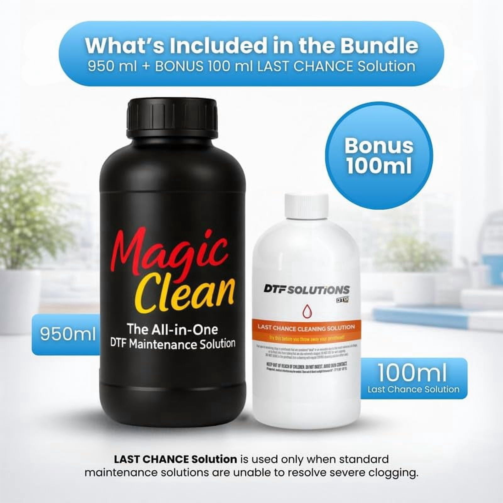 MagicClean™ Printhead Cleaning Solution 950ml with Bonus Last Chance Recovery Fluid, All-in-One DTF Printer Maintenance for Flushing, Wet Capping, Storage and Clog Prevention