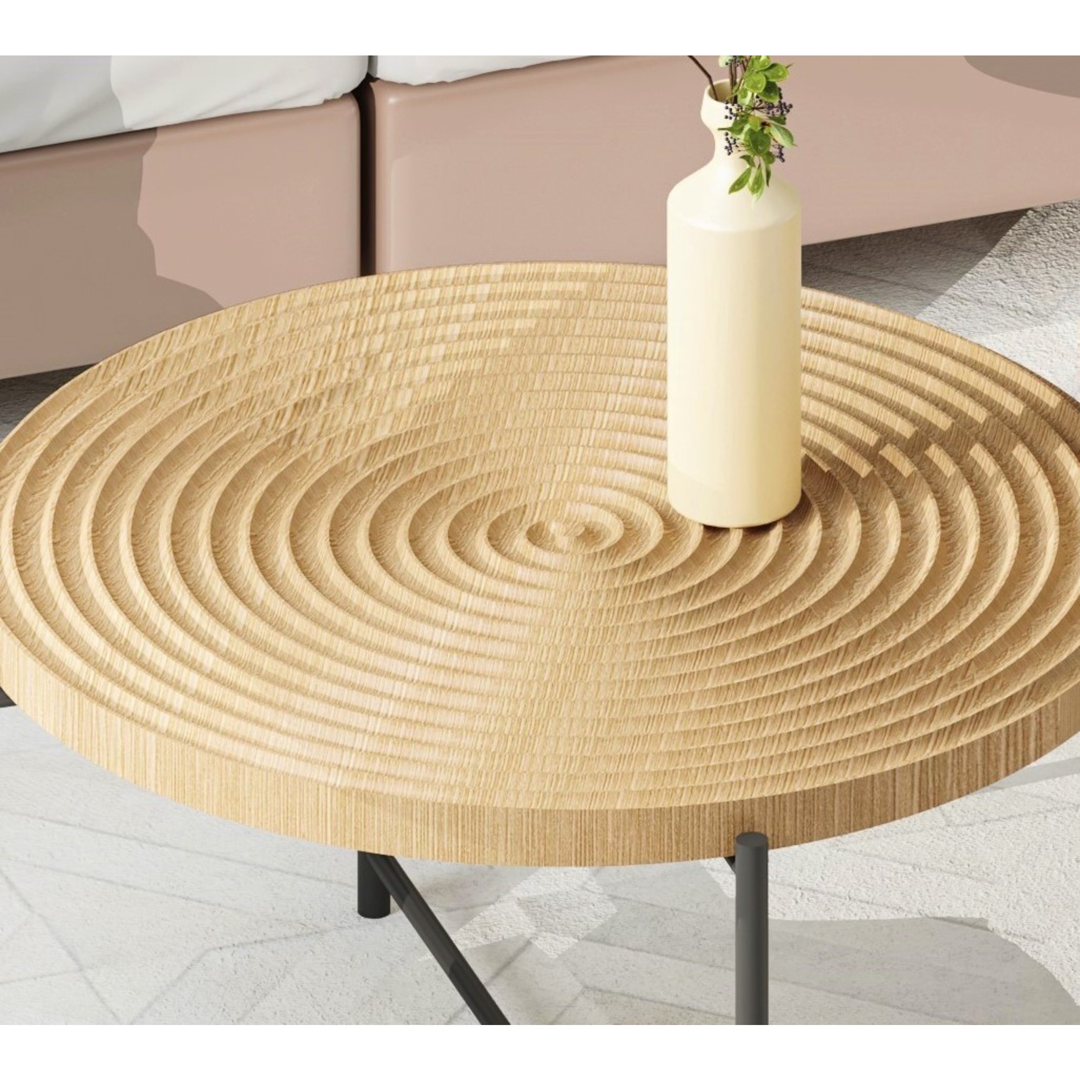 GDF Studio 2-Piece Coffee and End Table Set with Radial Ring Pattern Tabletops, Black Metal Legs, Natural Oak