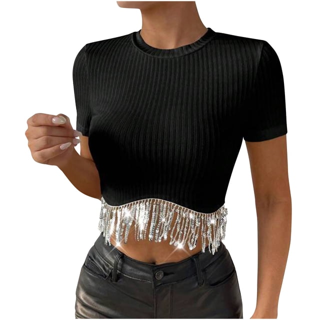 Women's Cropped Tee Tops Ribbed Cropped T-Shirt Rhinestone Tassel Hem Tee Sparkly Shirt Round Neck Short Sleeve T Shirt Women's Solid Short Sleeve Black M