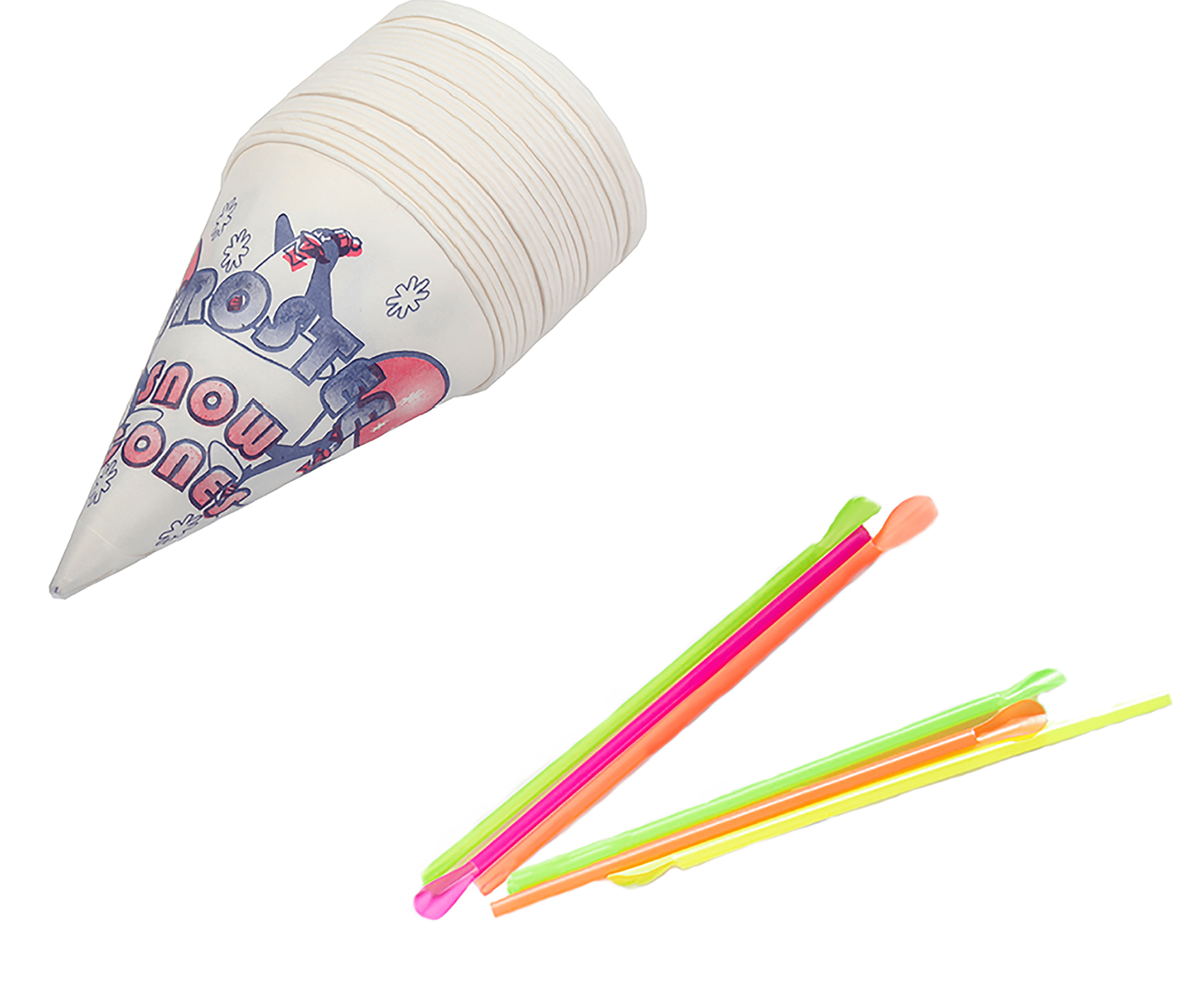 Perfect Stix Snow Cone-Straws- 100 Snow Cone Cups and Assorted Neon Straws (100 Count of Each) (Pack of 200)