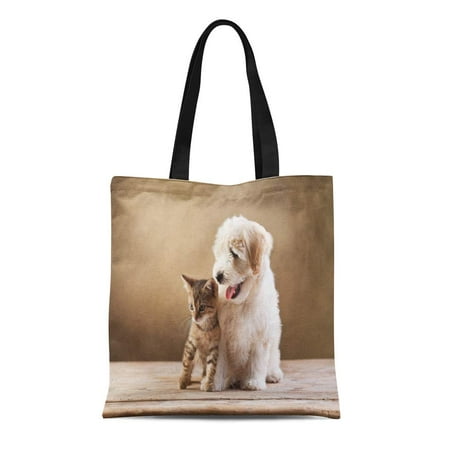 KDAGR Canvas Tote Bag Best Friends Kitten and Small Fluffy Dog Looking Sideways Reusable Shoulder Grocery Shopping Bags