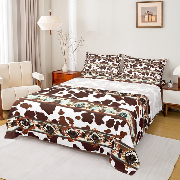 Castle Fairy Teens Adults Cow Print Twin Sheet Sets 3pcs,Bohemian Tribal Aztec Twin Fitted Sheet Microfiber,Farmhouse Animal Breathable Flat Sheet,Microfiber Bedroom Decor