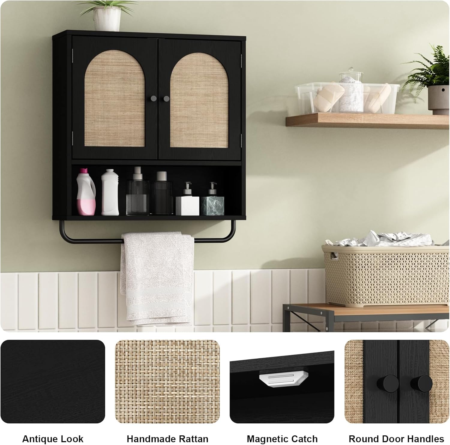 Rattan Bathroom Wall Cabinet,  Medicine Cabinet with 2 Arched Doors, Farmhouse Over The Toilet Storage Cabinets with Adjustable Shelves & Towel Bar, 3-Tier Wall Mounted Cabinets