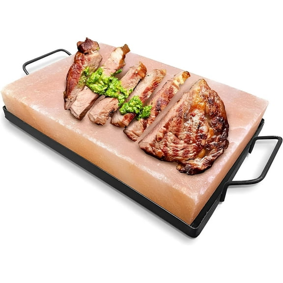 Himalayan Salt Block Cooking Plate 12x8x2" for Cooking, Grilling, Cutting and Serving, with Steel Tray