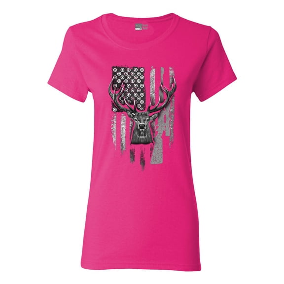 Ladies American Flag Hunting Deer Patriotic Support DT T-Shirt Tee