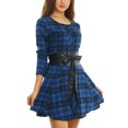 thumbnail image 4 of MODA NOVA Junior's Christmas Party Plaids Long Sleeves Belted Mini A Line Shirt Dress Dark Blue L, 4 of 5