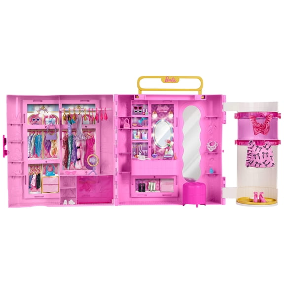 Barbie Closet with Spin & Style Feature, Vanity, Ottoman, 4 Fashions, 20  Pieces, Portable Storage