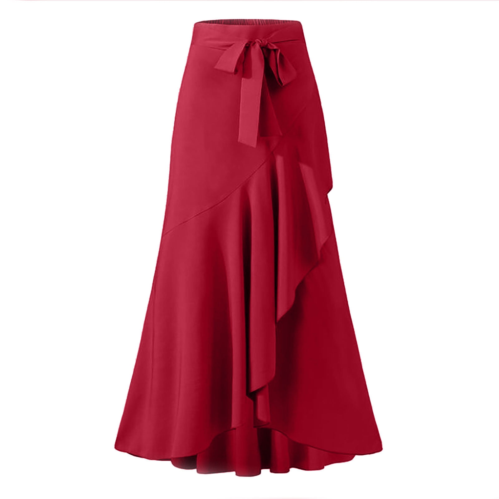 Satin Long Skirt for Women High Waisted Solid Color Ruffle
