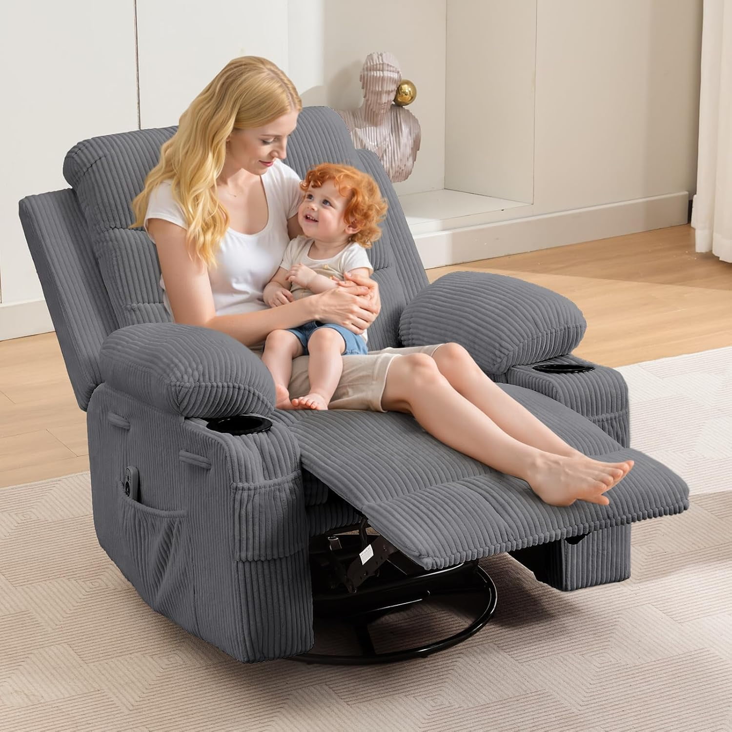 Recliner Chair Nursery, Oversized Manual Reclining Rocking Chair, Corduroy 360 Swivel Glider with Cup Holder, Massage and Heat Recliner, Small Sofa Chairs for Adults, Living Room,（Corduroy，Gray）