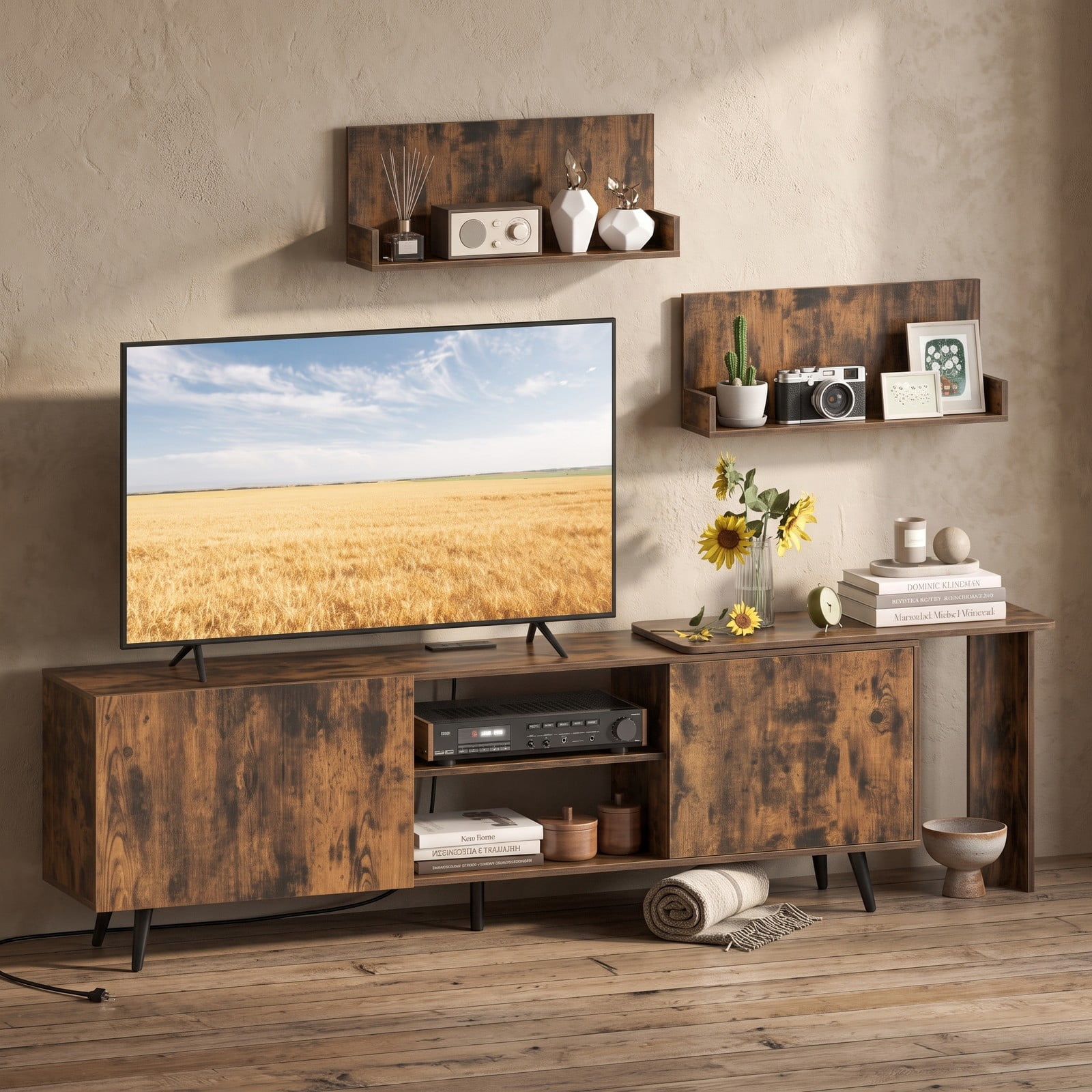 Furnibear TV Stand for TVs up to 85 Inch with Charging Station, Wood Entertainment Center Media Console with 2 Cabinets and 2 Wall Shelves for Living Room, Rustic Brown