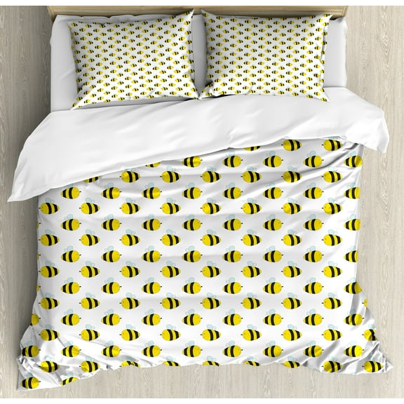 Ambesonne Honey Bee Duvet Cover Set, Graphical Flying Insects, Calking, Yellow Charcoal Grey