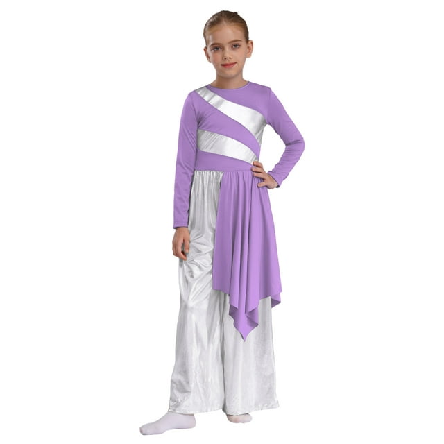 Hansber Robe de Danse pour Filles Enfants Pantalon Grand Métallique Robe Liturgique Combinaison Lyrique Violet Clair 14
