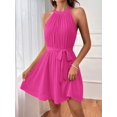 thumbnail image 4 of Hot Pink Halter Neck Sleeveless Pleated Mini Dress With Self-Tie Waist Belt For Women, 4 of 5
