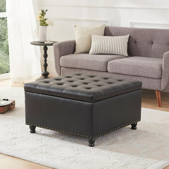 Kingfun Square Ottoman Coffee Table, Large Leather Ottoman with Storage Tufted Upholstered Bench, Oversized Footrest for Living Room, Black