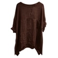 thumbnail image 4 of CLOISE Women's 3/4 Sleeve Tops Crew Neck Shirts Loose Solid Color Pullover Cotton Linen Casual Fall Tunic Clothes with Pockets Brown 2XL, 4 of 8
