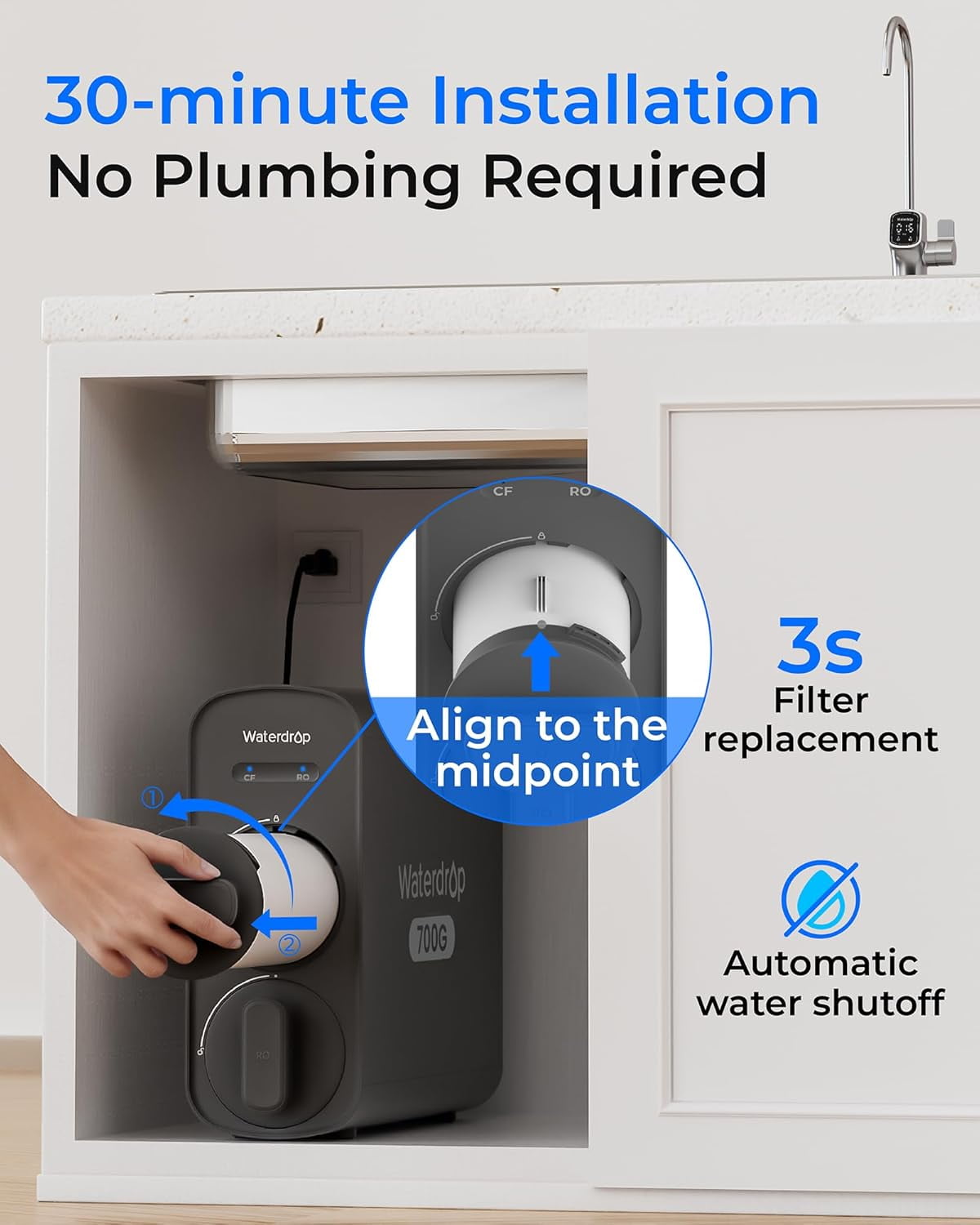 Waterdrop G5P700 Reverse Osmosis System, 700GPD Fast Flow RO Water Filter, 7 Stage Filtration, NSF/ANSI 372 Certified, 2:1 Pure to Drain, Smart LED Faucet, BPA Free,with Extra Filter