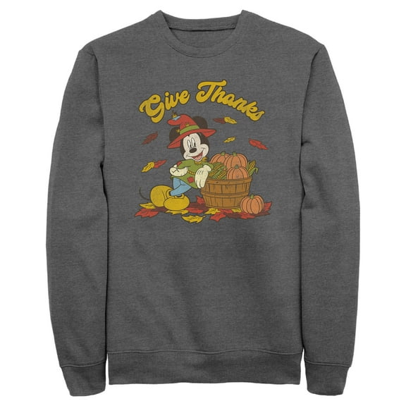 Men's Mickey & Friends Give Thanks Scarecrow Mickey Sweatshirt Charcoal Heather X Large