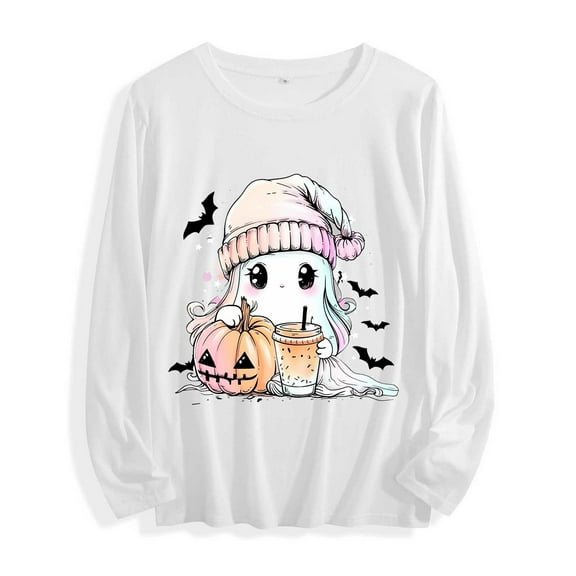 YUGYXL Halloween Clothes for Women Funny Printed Shirts Spooky Season Tops Long Sleeeve Pullovers Cute Ghost Tee White XXL