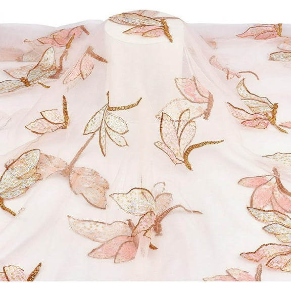 Glitter Tulle Fabric with Embroidery Dragonfly 59" x 2 Yards Sheer Sequin Fabric Organza Lace Fabric for Wedding Party Dress Costume Table DIY Crafts Curtain Home Vintage Decor Peachpuff