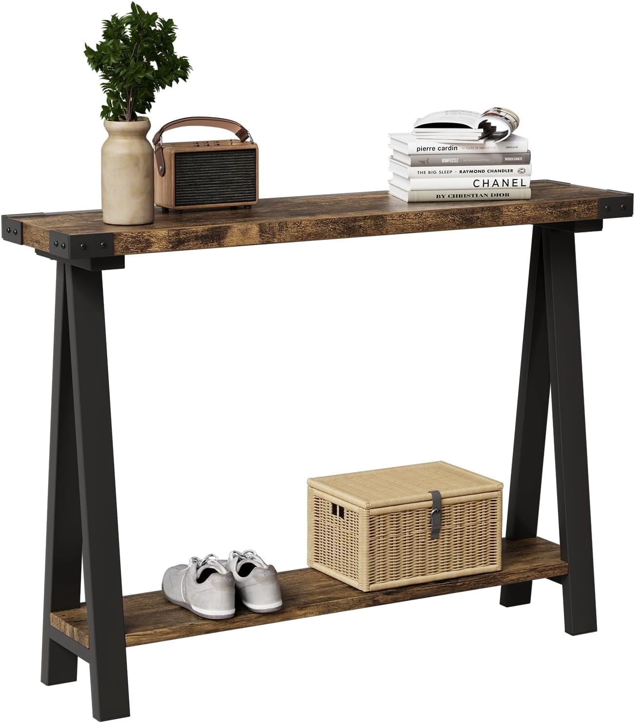 Farmhouse Narrow Entryway Table, 43.3" Console Table with Storage, 2 Tier Sofa Table with Metal Frame and MDF, Narrow Console Table for Living Room, Hallway, Entryway-Rustic Brown