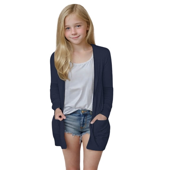 Girl's Open Front Cardigan Long Sleeve Knit Sweaters Kids Solid Cute Casual Loose Outerwear Coats with Pockets Navy 13 Years