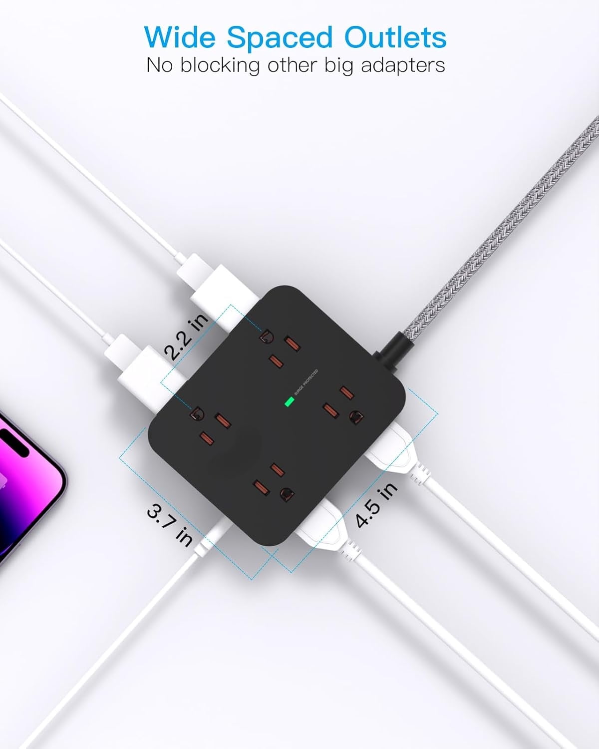 AllWays Plaza Long Extension Cord 15 ft, Surge Protector Power Strip 15 Feet with 4 Outlets 4 USB Ports (2 USB C), 3 Prong Desk Charging Station, Wall Mount for Indoor Essentials