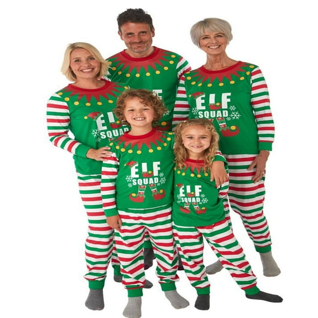 Pyjamas de Noël Ensemble Familial Costume Elf Vert Pjs de Noël Équipe Elf Pjs à Rayures Col Vêtements de Nuit