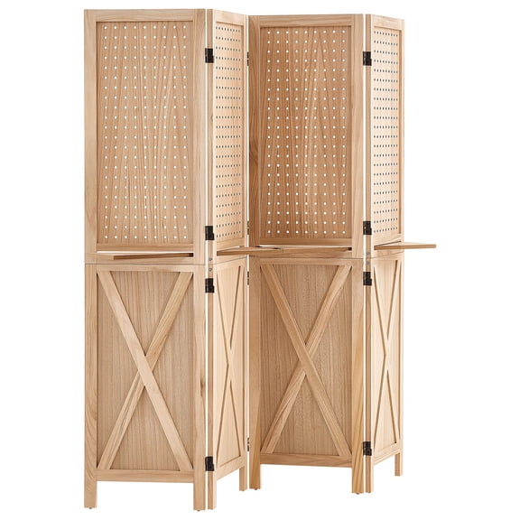 KFFKFF Wooden Room Divider Pegboard Folding Privacy Screen with Shelves, Ideal for Room Separation and Home Decoration, 4 Panels, Sturdy Frame with X Design, 360° Dual-Directional Hinges