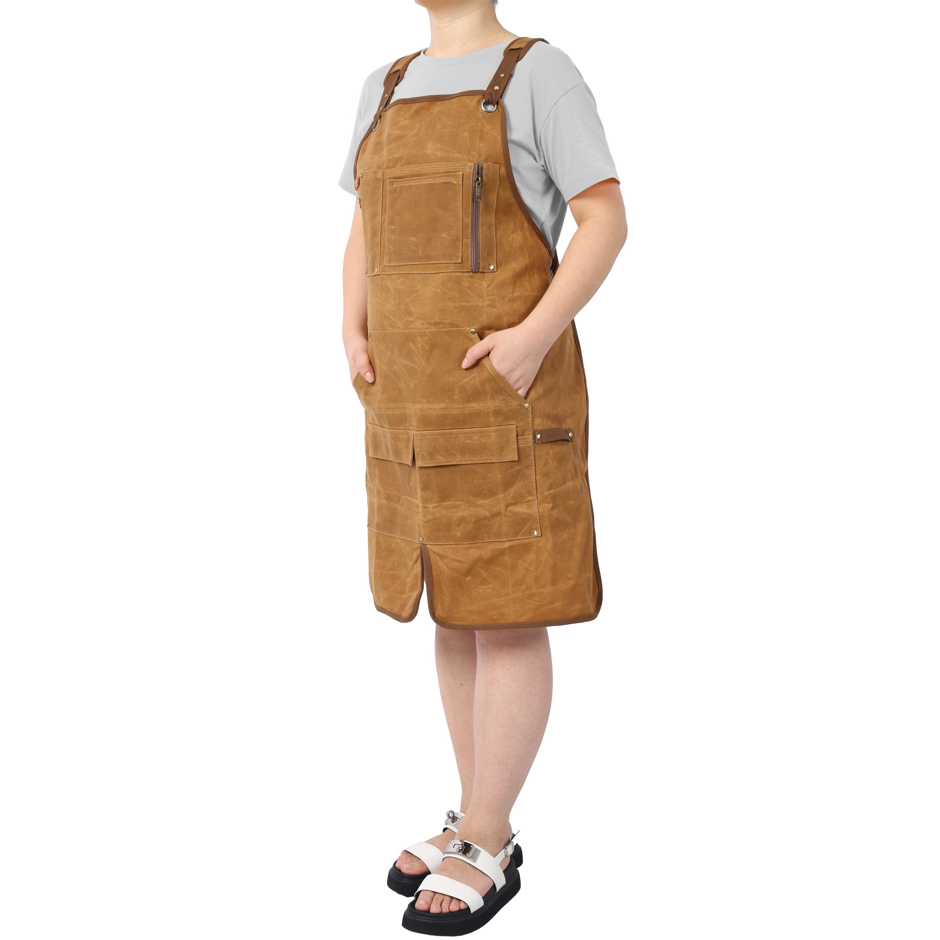 , Long Heavy Duty Waxed Canvas Tool Apron, Carpenter Aprons, Woodworking Aprons, Carpenters Water-Resistant 18 Oz ,Fully Adjustable to Comfortably Fit Men and Women, Brown ,Canvas ,