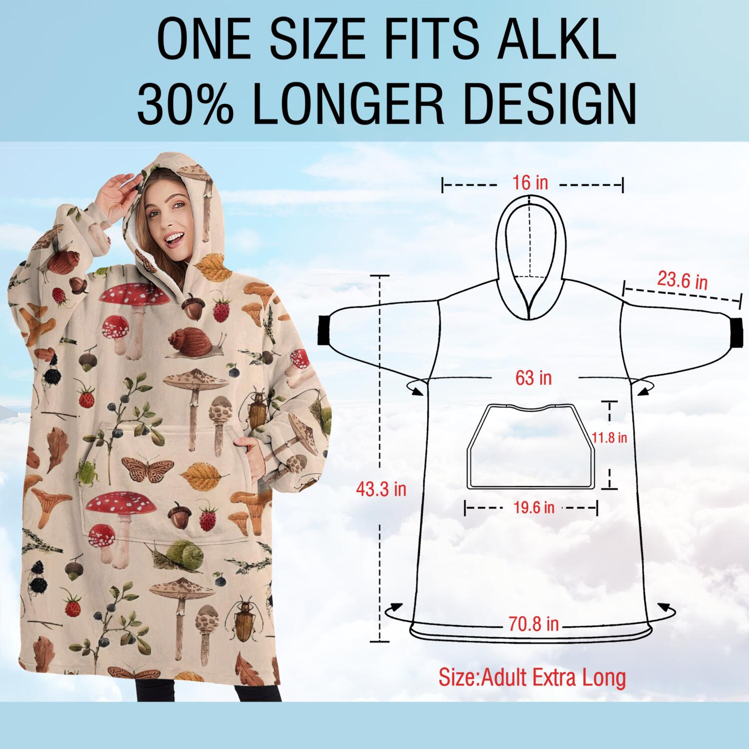 Oversized Wearable Blanket Hoodie,Red Mushroom Insect Light Pattern Sherpa Blanket Hoodie with Super Pockets,Super Warm Fuzzy Pullover for Women & Men