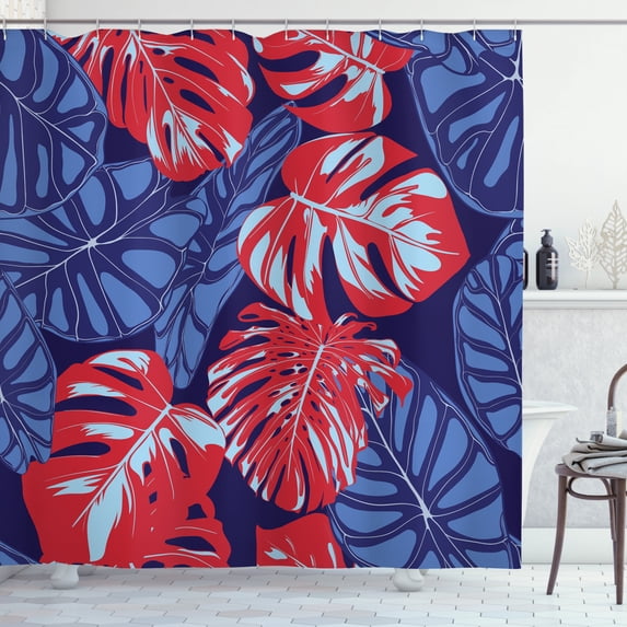 Aloha Shower Curtain, Close Up Graphic Image of Monstera and Alocasia Exotic Jungle Setting, Fabric Bathroom Set with Hooks, 69W X 70L Inches, Indigo Blue and Dark Pink, by Ambesonne