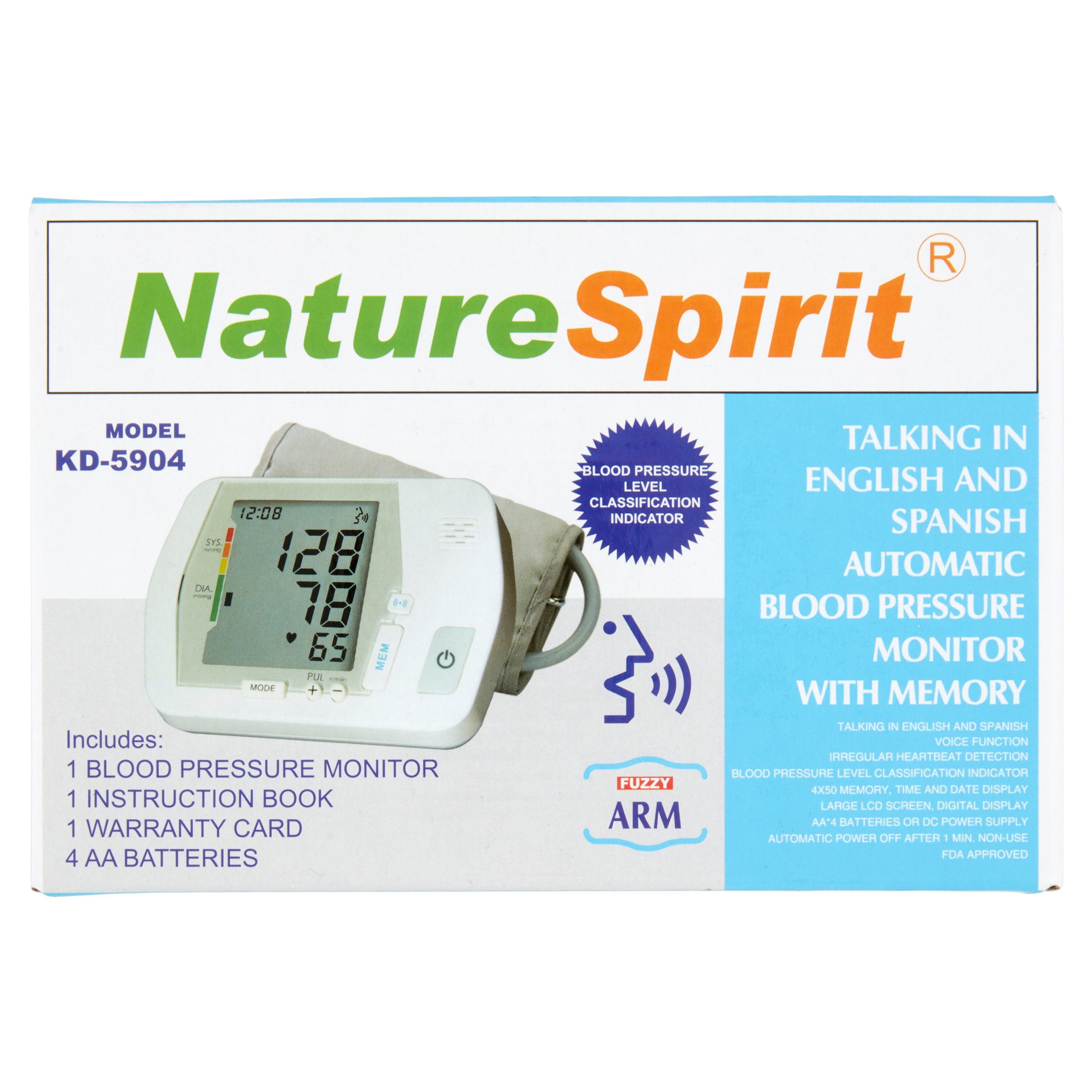 NatureSpirit English and Spanish Talking Up Arm Blood Pressure Monitor with Extra large Cuff