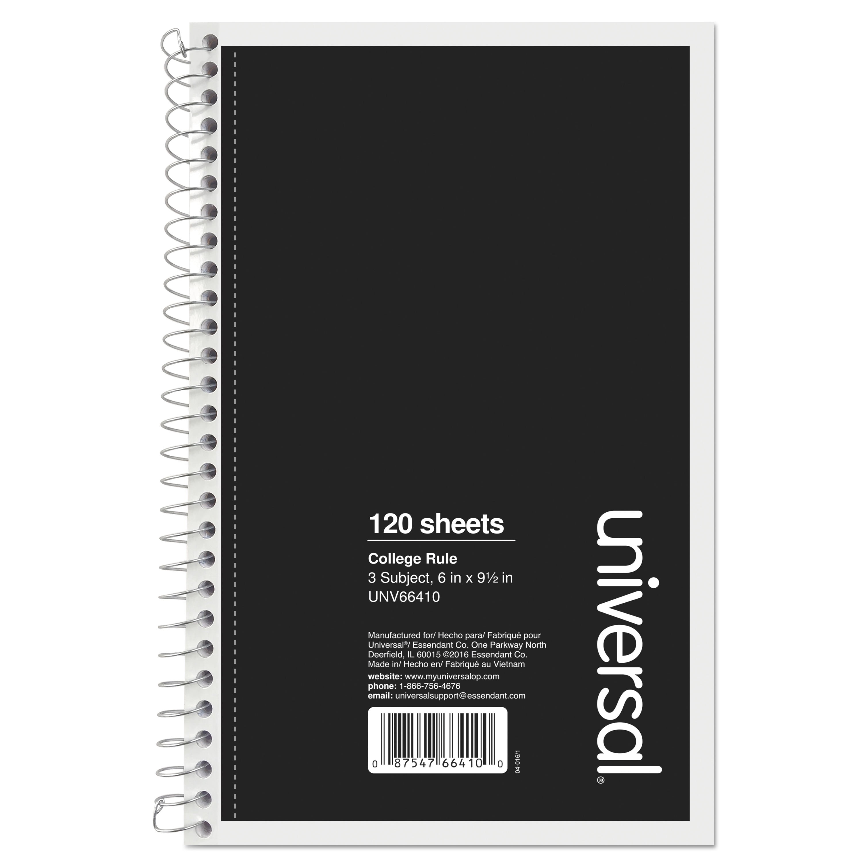 Universal Wirebound Notebook, 3 Subjects, Medium/college Rule, Black