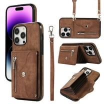 ELEHOLD Crossbody Wallet Case for iPhone 14 Pro 6.1" with RFID Card Slots Zipper Pocket Kickstand Function Shockproof Purse Case with Detachable Shoulder Strap,Brown