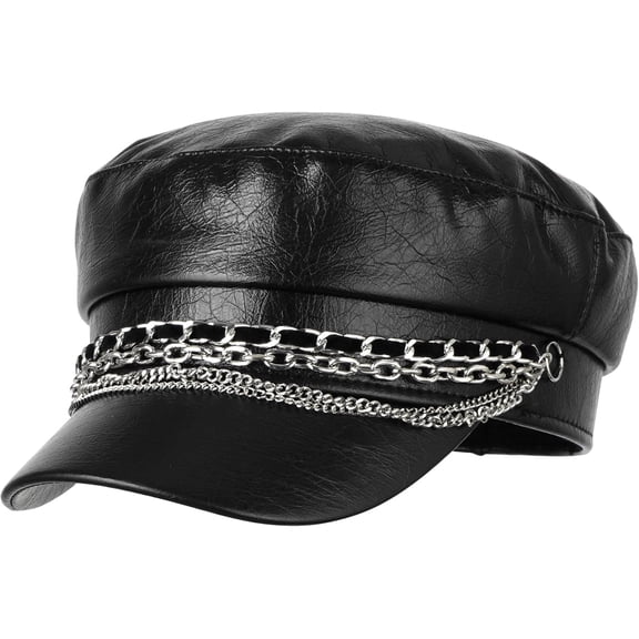 Kukuzhu Women Chains PU Leather Newsboy Hat Paperboy Hat Painter Cap