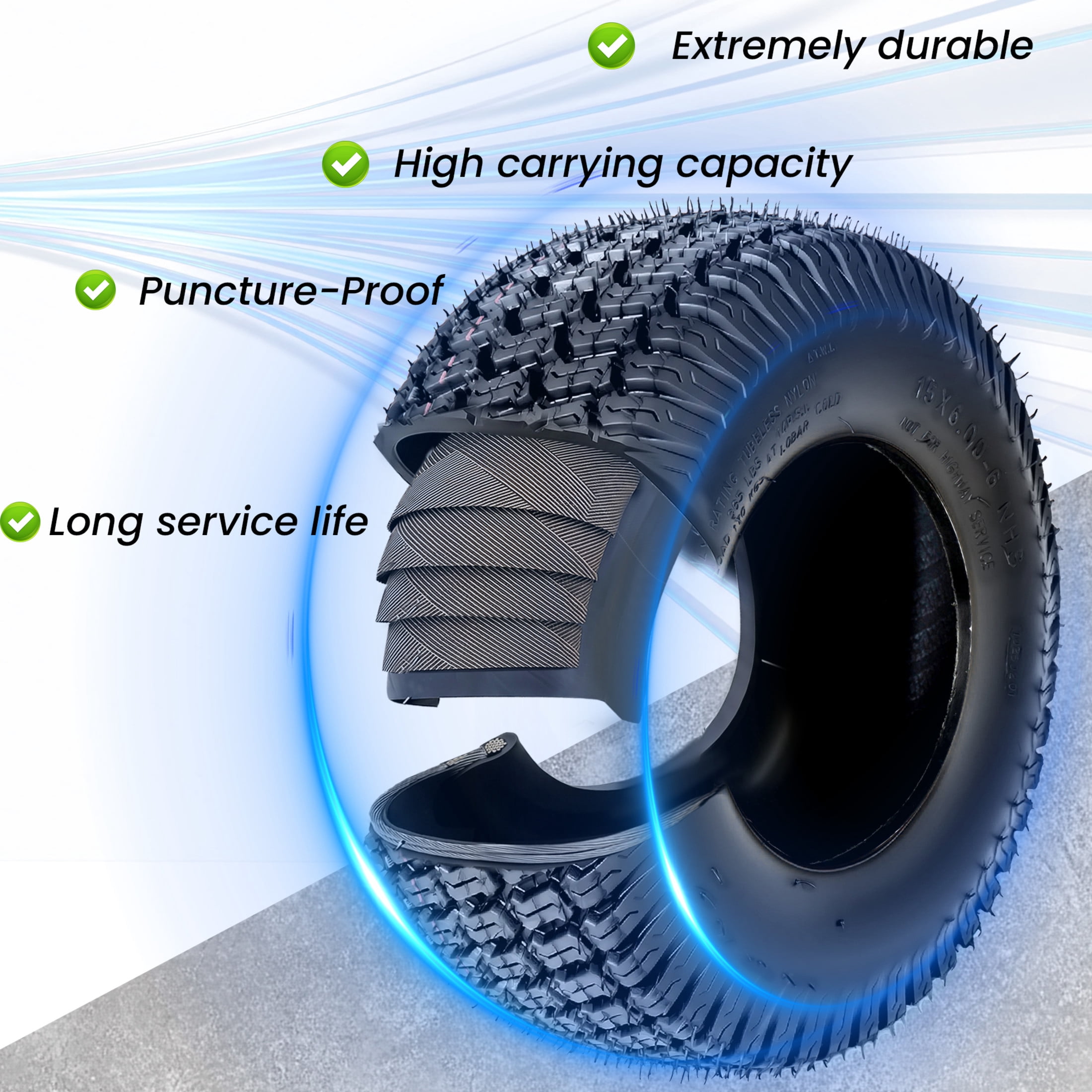 Noble House 15" x 6" 4-Ply Tubeless Turf Tread Lawn Mower Tires, Heavy Duty for Large Garden Tractors, Black, Set of 2