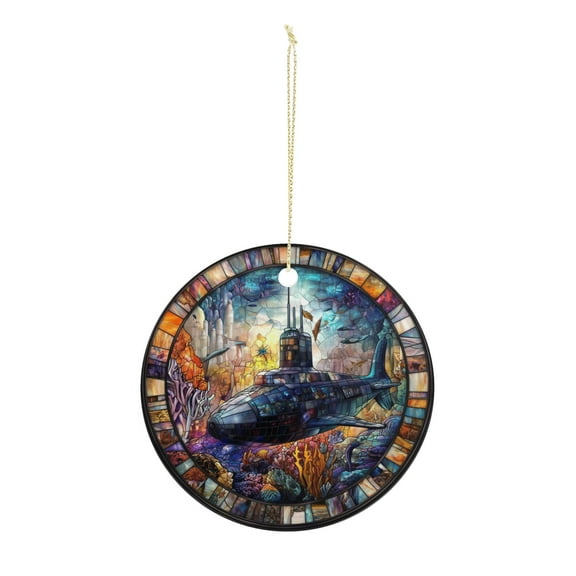 Stained Glass Submarine Scene Christmas ornament, Christmas decoration, holiday present idea, heirloom keepsake, round ceramic, gift Exchange, bauble present, gift idea